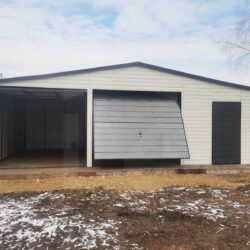 Garaż dwuspadowy Biały Premium 9m x 6m drzwi i brama grafit